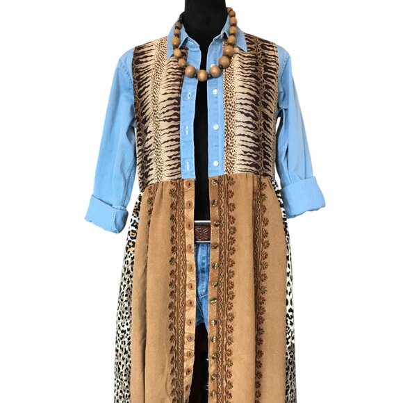 Patchwork Duster Jacket Dress, M: Upcycled Animal Print Button-Down Boho Kaftan - Picture 8 of 13